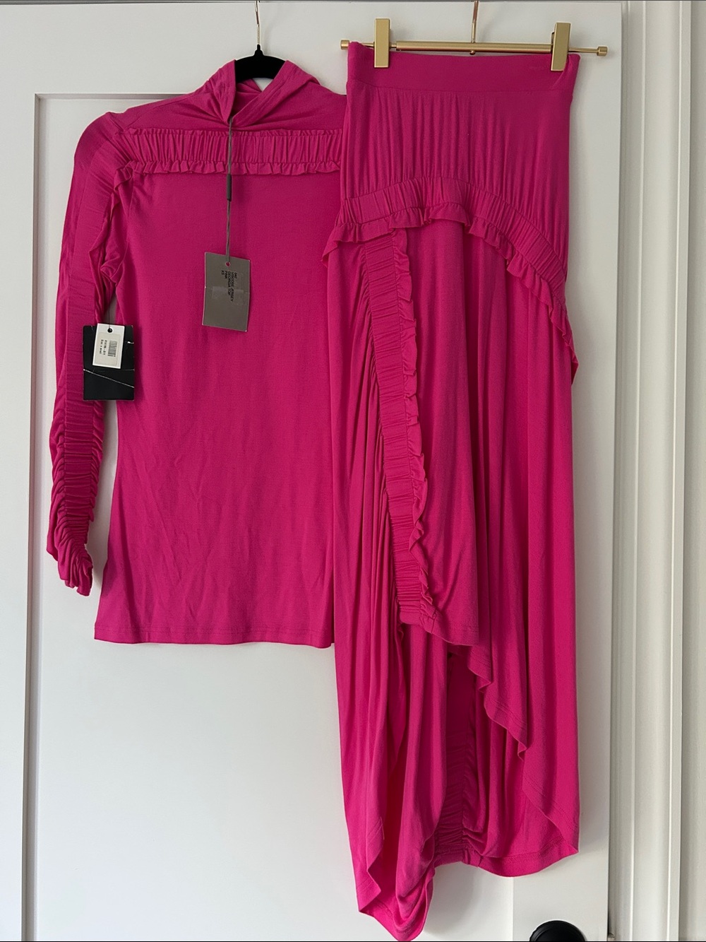 Preen by Proenza Schouler Fuchsia High-Low Ruffle Maxi Skirt & Top Set